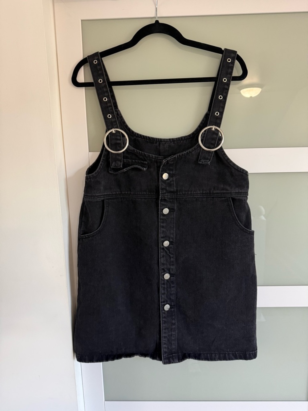 Black Denim Pinafore Dress with Front Buttons